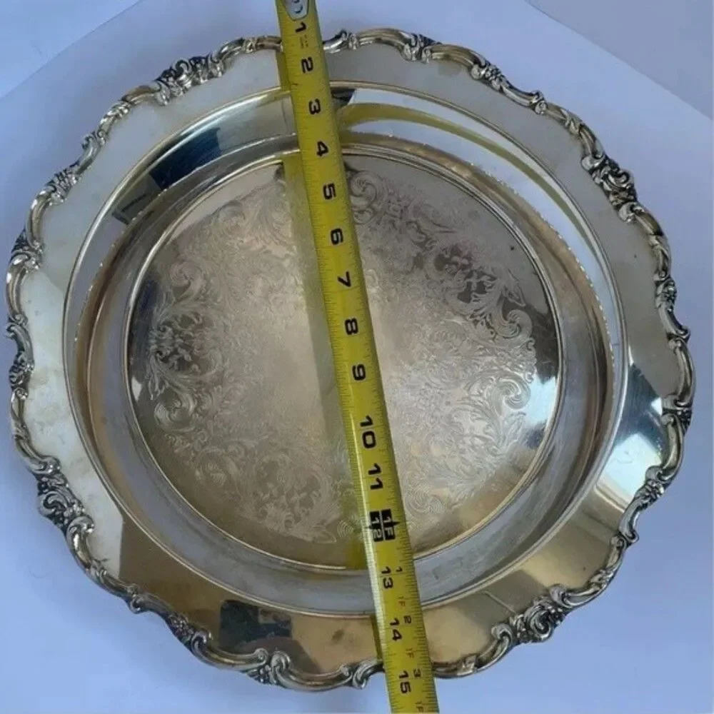 Lunt Round Silver Plate Tray Modern Victorian Floral Buffet Dish